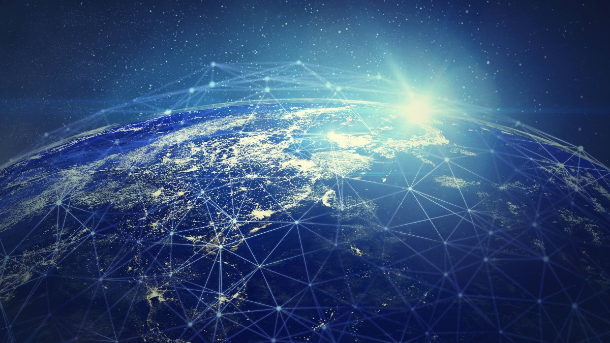 Abstract visualization of interconnected global network representing AI as societal infrastructure